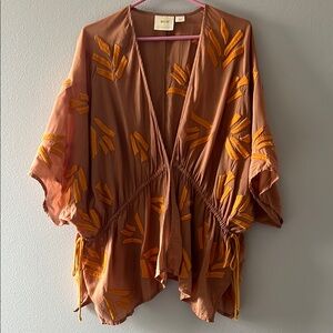 Maeve by Anthropologie Brown Kimono with Orange Embroidery